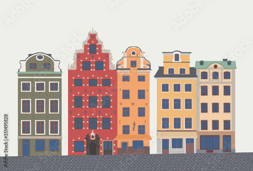 Vector illustration with colorful houses of old town Gamla Stan in Stockholm. Hand drawn image of popular swedish landmark in flat style. photo