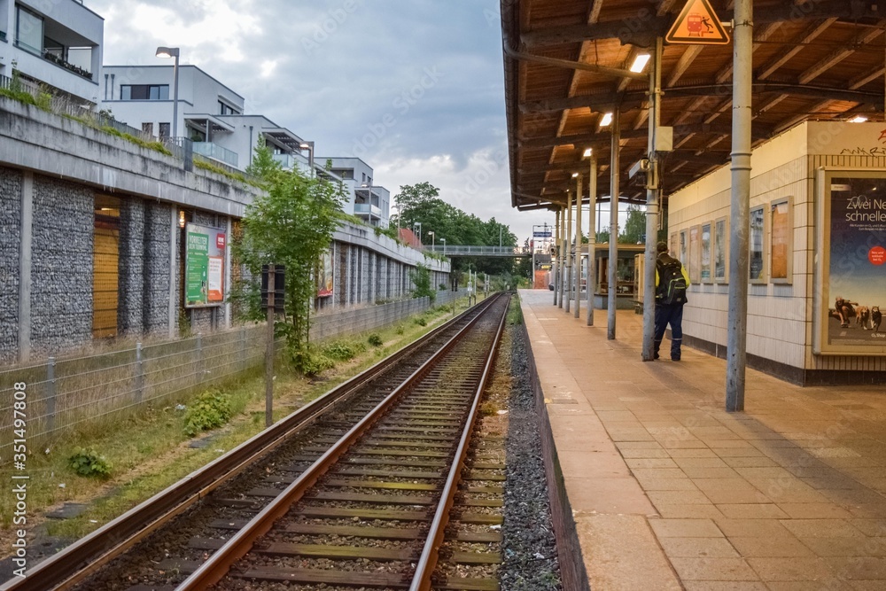 Hamburg, Germany - 07.10.2016: Ubahn train station platform Blankenese in the city of Hamburg at a cloudy summer morning Hamburg, Germany - 07.10.2016: Ubahn train station platform Blankenese in the city of Hamburg at a cloudy summer morning