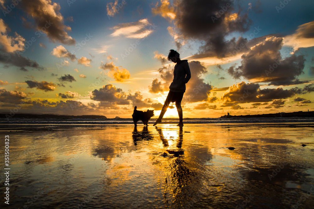 Silueta de mujer con su perro a la orilla del mar en un hermoso atardecer con el reflejo de las nubes sobre el agua.
