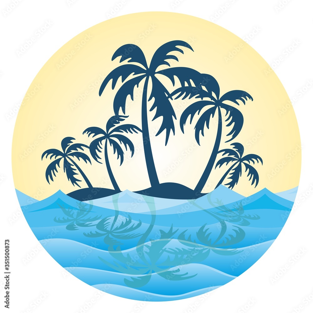 The symbol of tropical island with palm trees and sea.