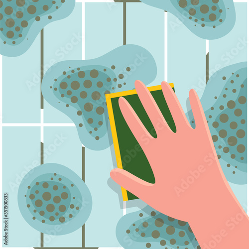 Human hand washes mold from ceramic tile. Toxic mold spores, health hazard. Means for removing fungi and bacteria. Household sponge for washing and cleaning. Flat vector illustration.