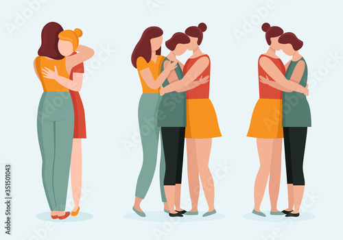 Women in hugs. Concept of female support. Woman in difficult circumstances, victim of family and sexual violence. Psychological and friendly help. Cartoon vector illustration.