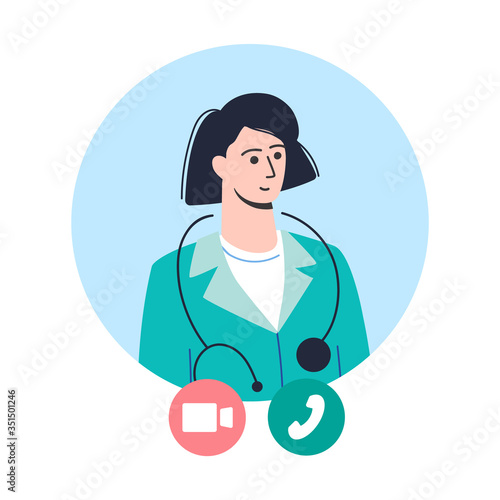 The virtual doctor gives reatment recommendations, quarantine. Mobile consultation, smart medical assistance. Modern telemedicine,.Cartoon character, vector. Get sick leave using your smartphone.