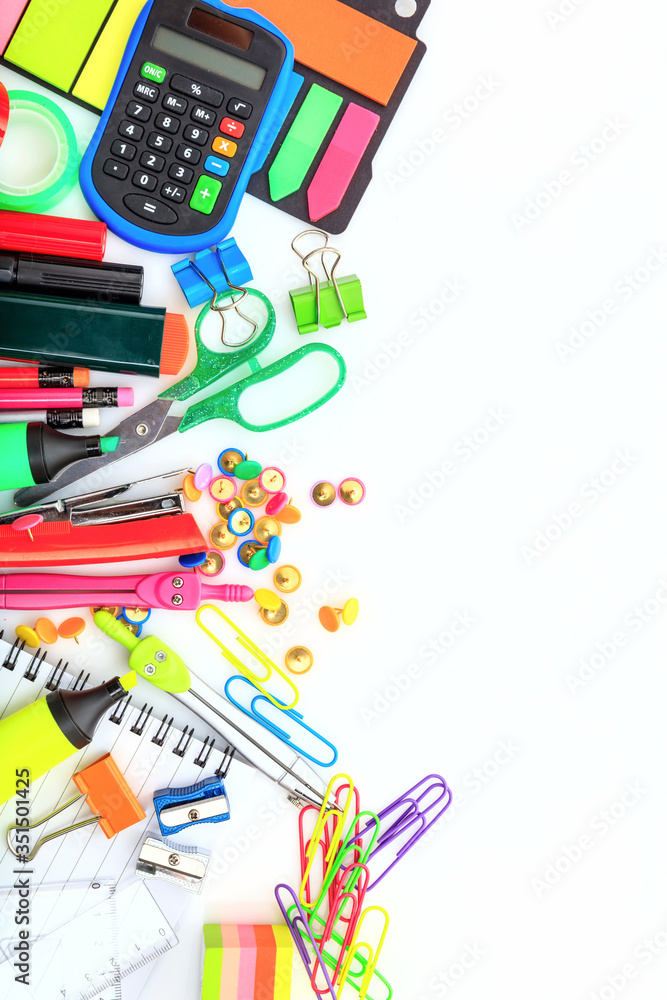 School supplies on white desk. Kids creativity flat lay