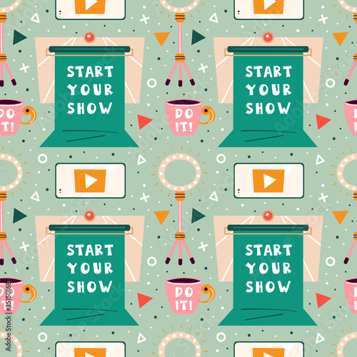 Blogging, vlogging set. Filming items. Chroma key, tripod, lightning, smartphone, cup of coffee. Flat colourful vector seamless pattern, texture, background, backdrop isolated on olive background. 