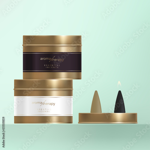 Vector Incense Cone with Bronze Metal Finishing Tin Can, Wrap Around Label with Golden Foil.