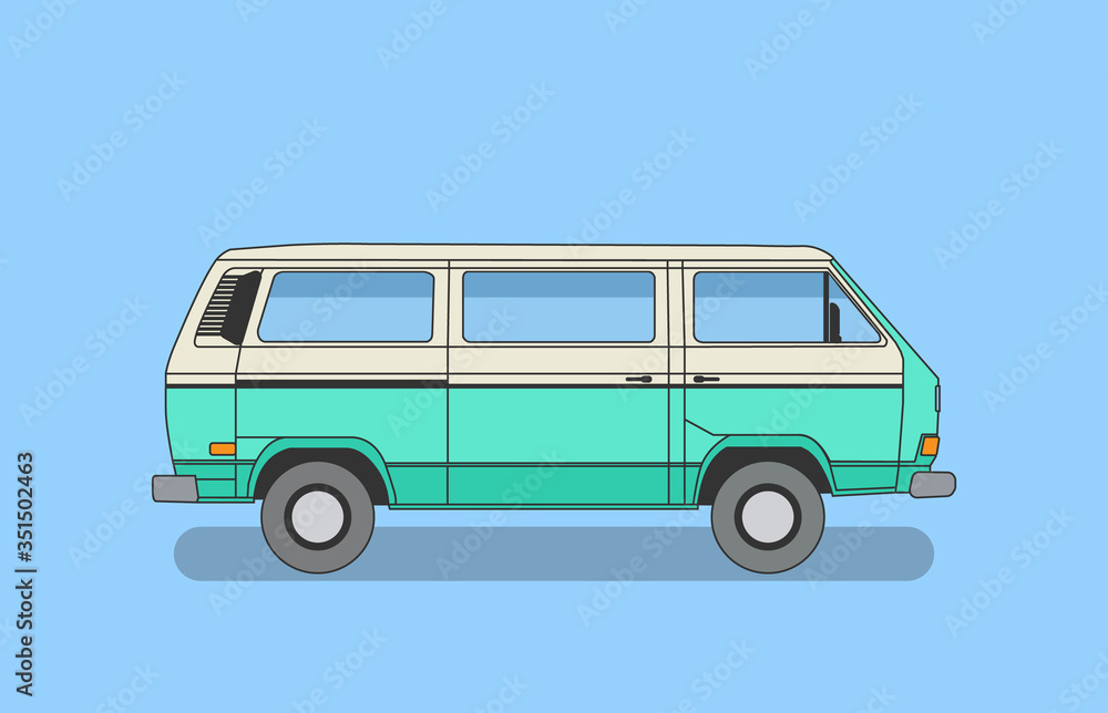 Detailed retro, vintage, travel, camper van, on white background. Roud badge vintage van car. Round sticker van life.