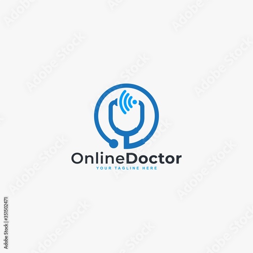 Doctor online virtual services logo design vector. Consultation to doctors via digital remote illustration symbol. Tele medicine service vector logo. Stethoscope and signal vector icons.