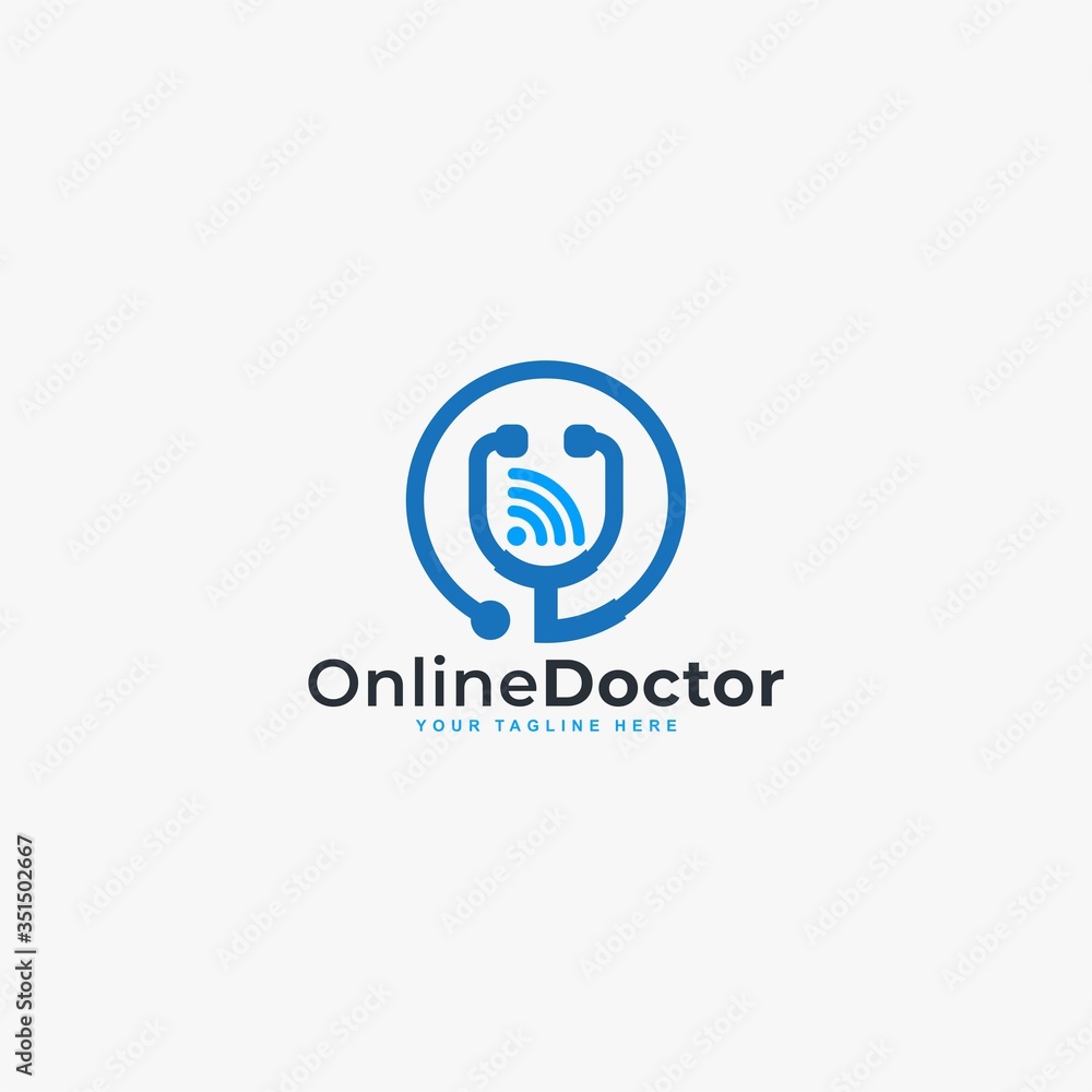 Doctor online virtual services logo design vector. Consultation to doctors via digital remote illustration symbol. Tele medicine service vector logo. Stethoscope and signal vector icons.