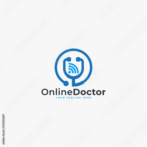 Doctor online virtual services logo design vector. Consultation to doctors via digital remote illustration symbol. Tele medicine service vector logo. Stethoscope and signal vector icons.