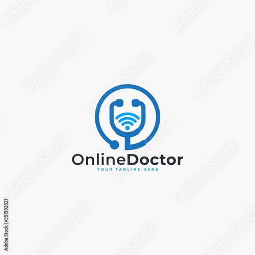 Doctor online virtual services logo design vector. Consultation to doctors via digital remote illustration symbol. Tele medicine service vector logo. Stethoscope and signal vector icons.