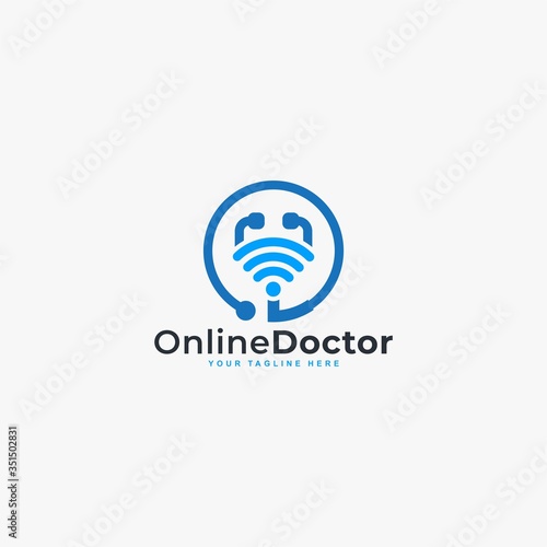 Doctor online virtual services logo design vector. Consultation to doctors via digital remote illustration symbol. Tele medicine service vector logo. Stethoscope and signal vector icons.