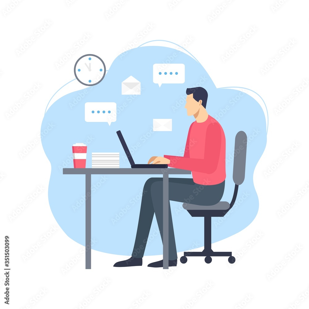 Cartoon illustration of young man with laptop. Male working with her laptop and create new ideas.