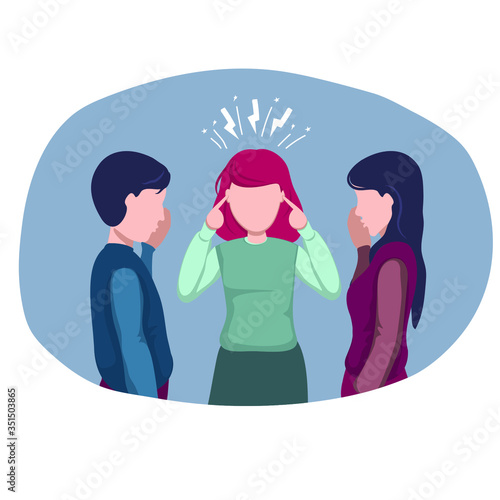 People share news and rumors. The girl covered her ears and her head aches from the gossip of men and women. Vector flat illustration.