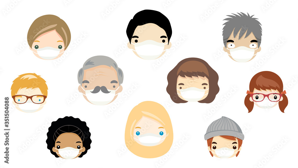 Concept of coronavirus protection, Set of people wear the face mask, face protection. Head focus, face only, vector illustration, flat design Concept of coronavirus protection, Set of people wear the face mask, face protection. Head focus, face only, vector illustration, flat design