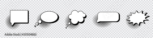 Retro empty comic speech bubbles set with black halftone shadows. Vintage design, pop art style - stock