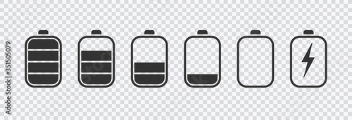Battery icons set. Battery charging charge indicator icon. level battery energy. Alkaline battery capacity charge icon. Flat style 