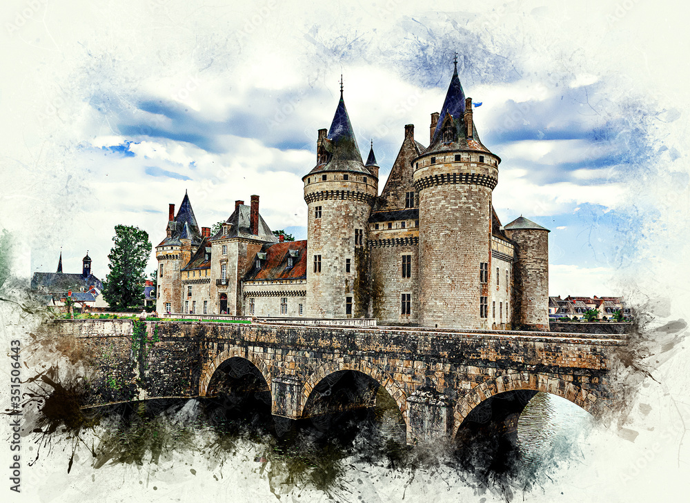 Old medieval castle (сhateau) de Sully sur Loire. Loire Valley, France. Series of illustrations.