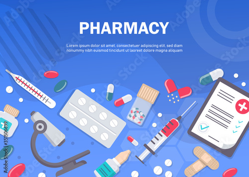 Pharmacy background, pharmacy design, pharmacy templates. Medicine, pharmacy, hospital set of drugs with labels. Medication, pharmaceutics concept. Different medical