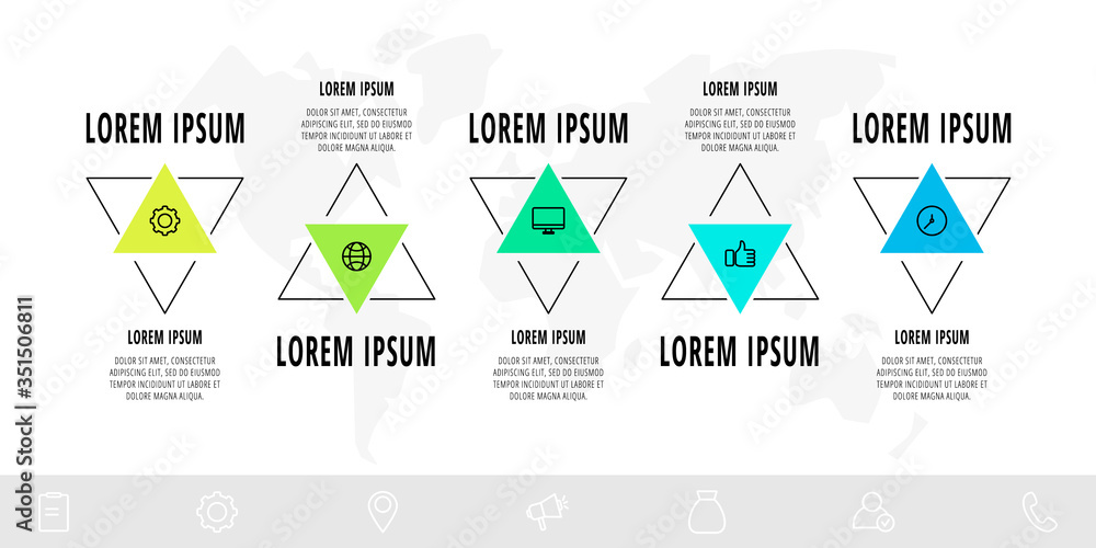 Vector infographics design template with triangle. 5 steps. Abstract modern line concept can be used for business, web, banner, workflow layout, presentations, info graph, timeline, content, levels