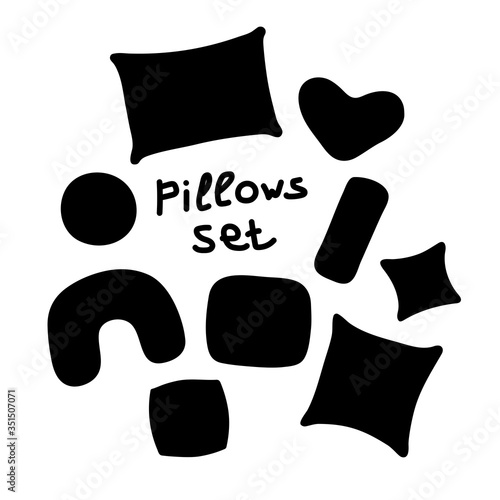 Scandinavian style pillows set. Pillows different silhouettes with lettering image. Cute home decoration collection. Vector symbol of a cozy home, overnight parties, pillow fight, warm modern interior