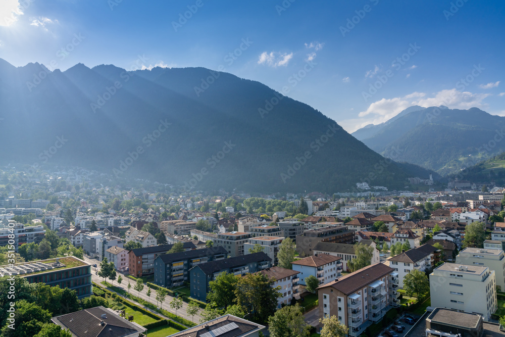 aerial view of the city of Chur in the Swiss Alps on a beautiful spring day