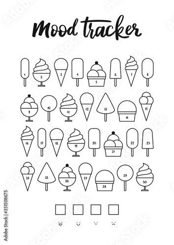 Printable Ice cream Mood Tracker A4. Tracker to track your daily mood for 30 days