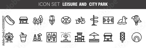 CITY PARK AND LEISURE line icons, signs set, vector. City parks outline concept, illustration: city,park,tree,delandscape,flat