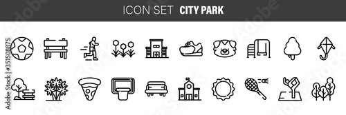 CITY PARK AND LEISURE line icons, signs set, vector. City parks outline concept, illustration: city,park,tree,delandscape,flat