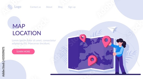 Concept of choosing trip destination, international touristic service for travelling abroad, location for tourism. Woman placing location mark or pin on world map. Modern flat vector illustration.