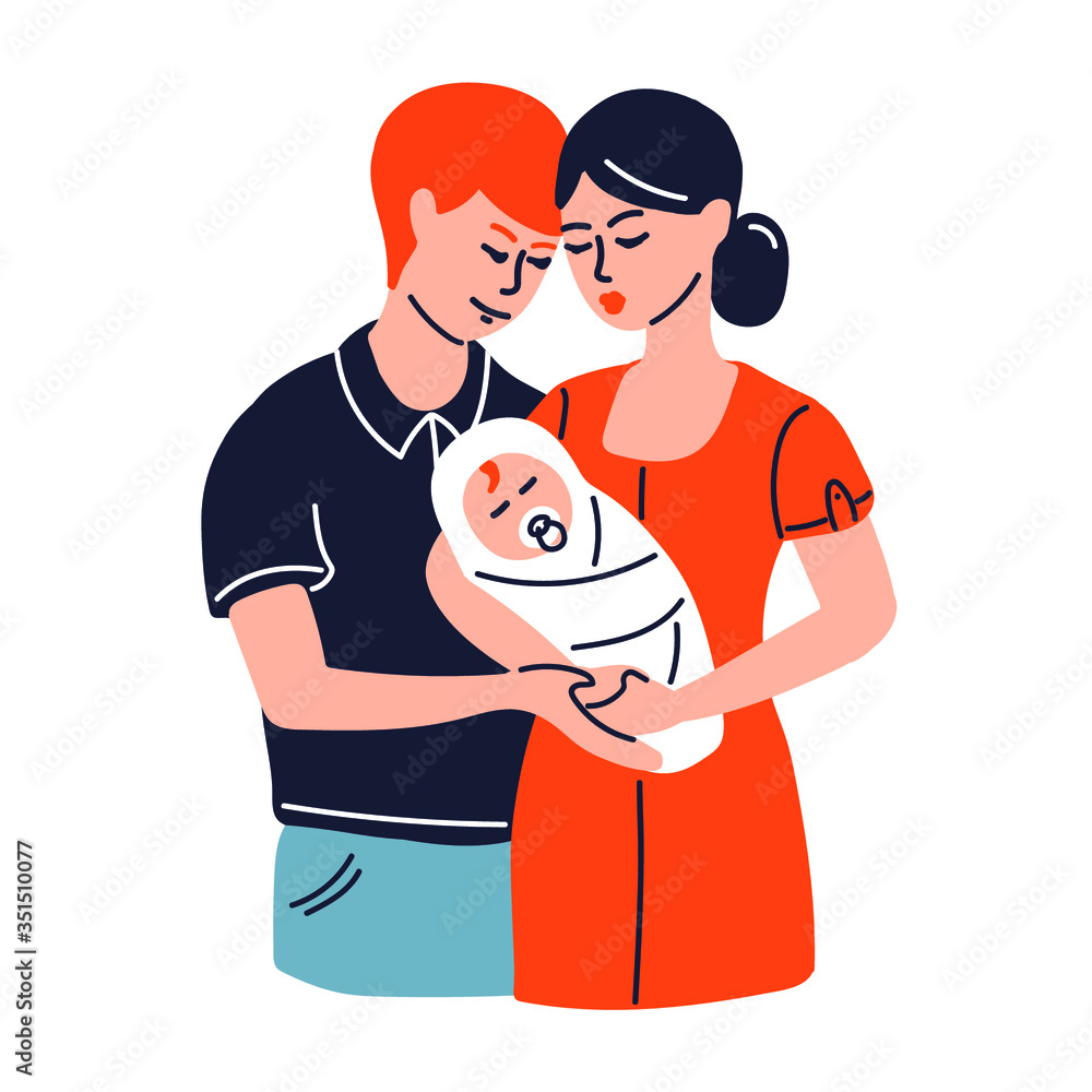 Parents hug their sleeping newborn. Portrait of a happy family-mother-father-baby drawn in a flat vector isolated.