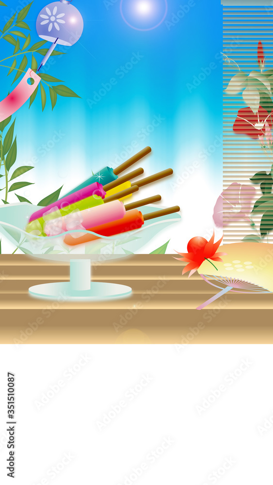 アイスキャンディ がある風景縁側にうちわや鬼灯朝顔に風鈴のイラスト縦スタイルワイドバーチャル背景素材 Stock Illustration Adobe Stock