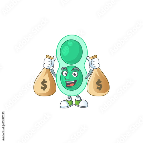 A humble rich green streptococcus pneumoniae caricature character design with money bags