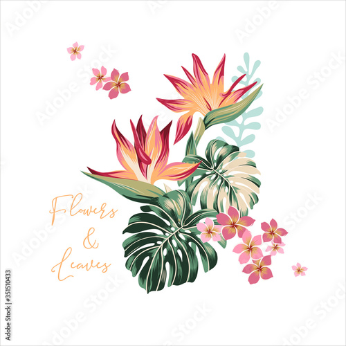 vector  composition from tropical flowers Hibiscus ,palm leaves Strelitzia ,monstera .  For wedding, party invitation, commercial design or fabric.