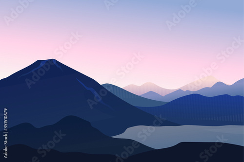 Peaceful landscape lake in the mountains at dawn in soft colors. Travel vector illustrations.