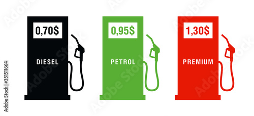 Set of icons of gas station with petrol gun and price for the diesel or petrol, three colors, red, green and black, simple flat signs