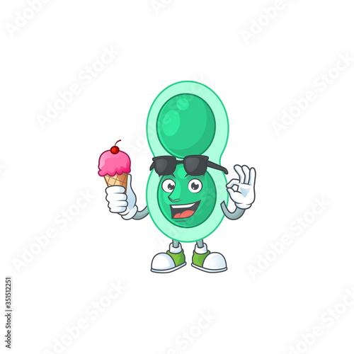 Happy face of green streptococcus pneumoniae cartoon mascot having an ice cream