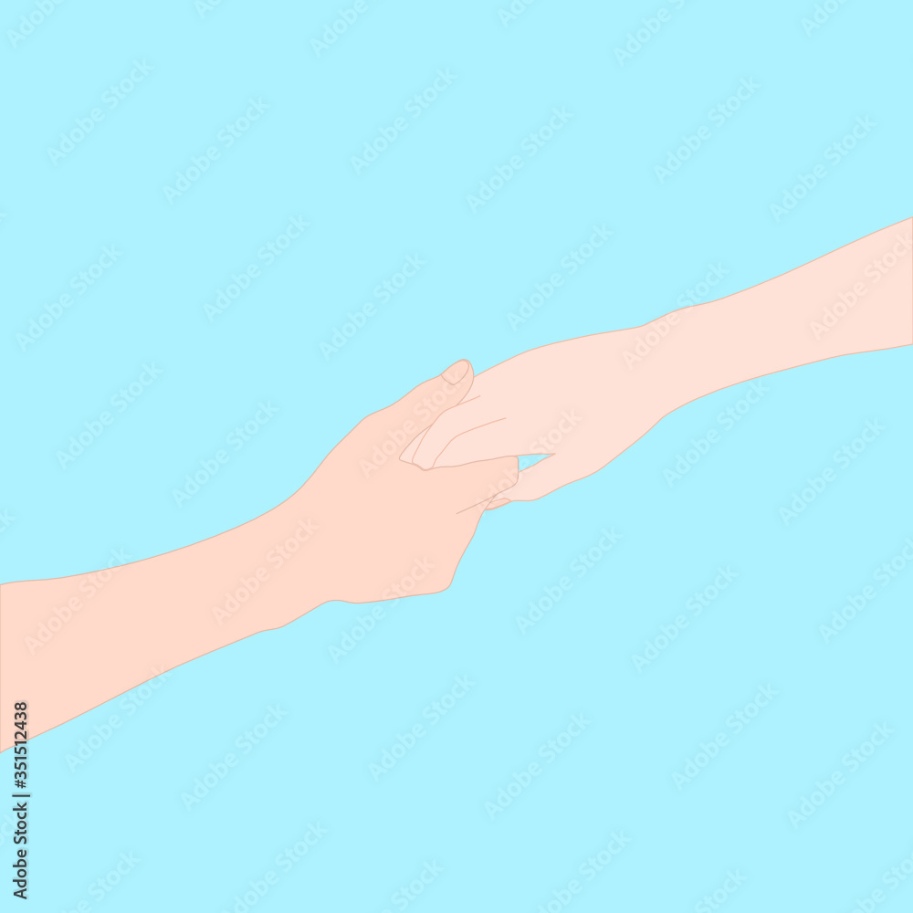 Female and male are holding hand together on blue background. Valentine, Couple, relationship, promises, friendship and love concept. Illustration vector.