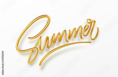 3D Realistic Golden Shiny Metallic Summer Handwriting Lettering Isolated on White Background. Vector illustration