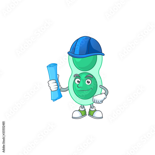 brilliant Architect green streptococcus pneumoniae mascot design style with blue prints and helmet