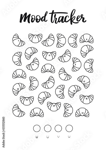 Mood tracker ready to print on A4 for January, March, May, July, August, October, December. French croissants. Tracker for tracking your daily mood for 31 days.