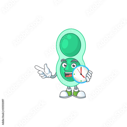 cartoon drawing concept of green streptococcus pneumoniae with a circle clock