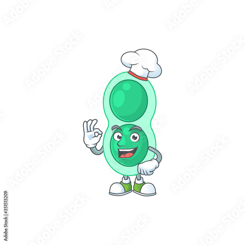 Green streptococcus pneumoniae chef cartoon drawing concept proudly wearing white hat