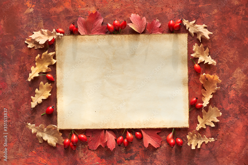 Autumn leaves, flat lay in red and orange tones on bright painted background. Red and yellow oak leaves and rose hip fruit. Natural Fall background with text space, copyspace, on aged paper.