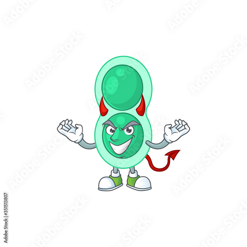 A cartoon image of green streptococcus pneumoniae as a devil character