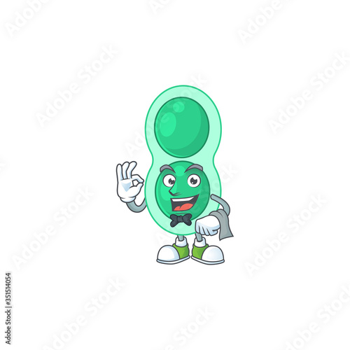 A cartoon image of green streptococcus pneumoniae as a waiter character ready to serve
