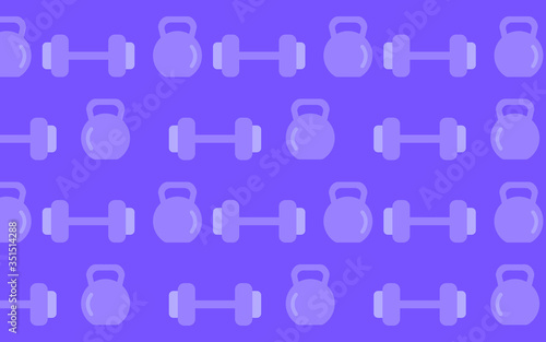 Gym theme concept background. Seamless pattern with fitness icons dumbbells  kettlebells. Vector illustration of weightlifting  powerlifting  sport  healthy lifestyle concepts.