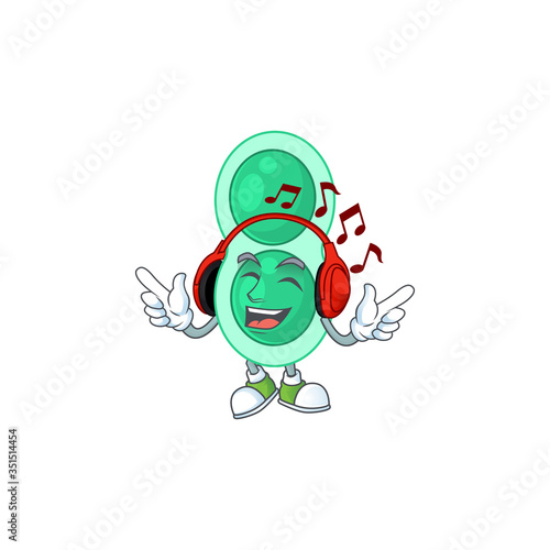 Cartoon drawing design of green streptococcus pneumoniae listening to the music with headset