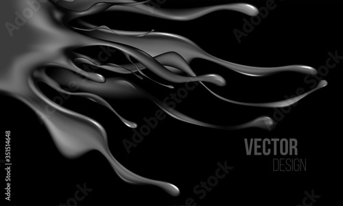 Black realistic 3d flow wavy background. Vector illustration