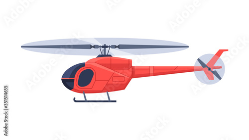 Helicopter Aircraft, Flying Red Chopper Air Transportation Flat Vector Illustration